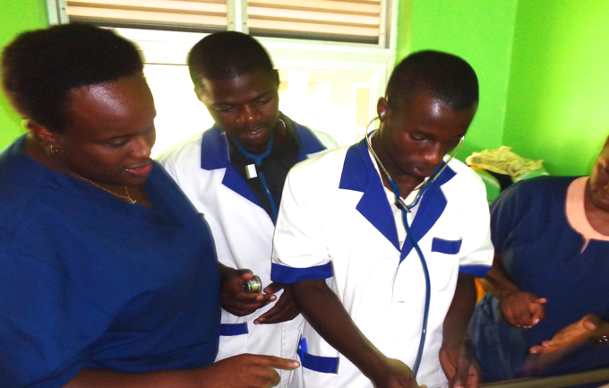 HRH Clinical Educators  teaching assessments at the bedside using stethescopes donated by the University of Ilinois at Chicago.